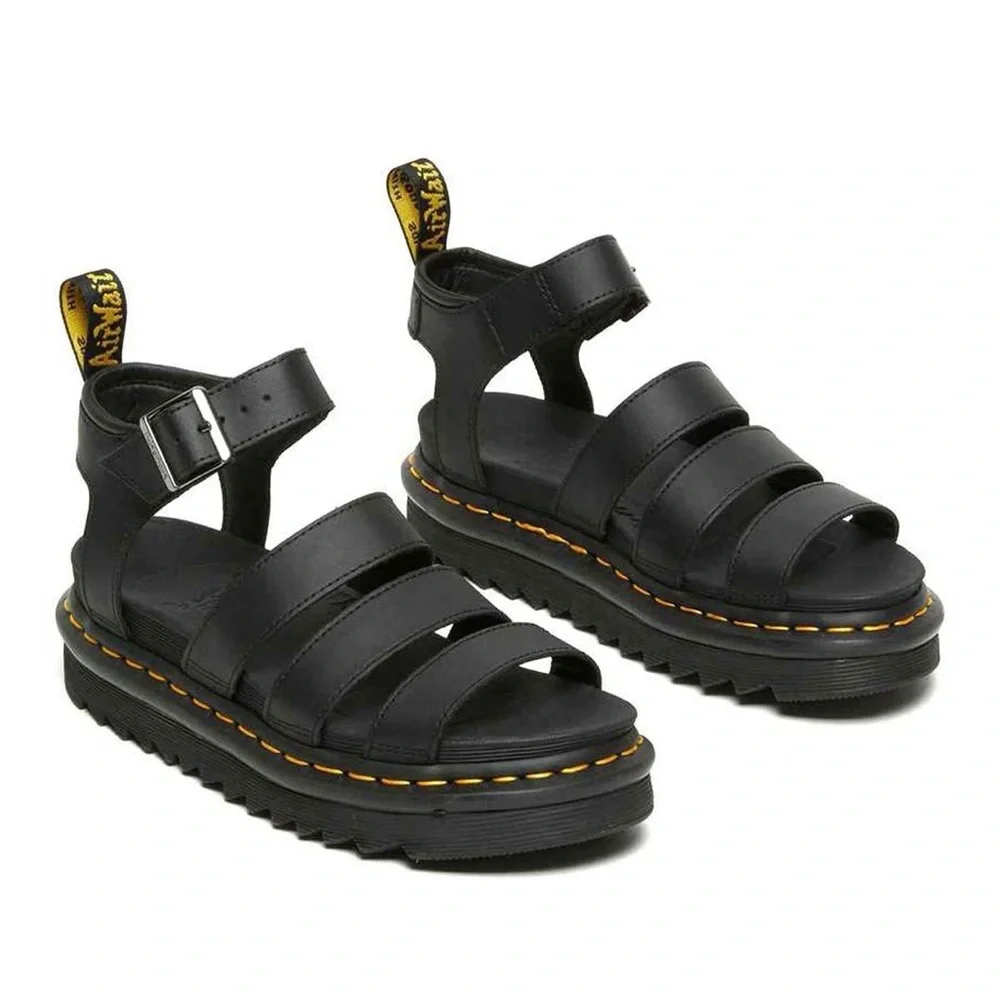 Dr. Martens Black Leather Gladiator Sandals with Yellow Stitching